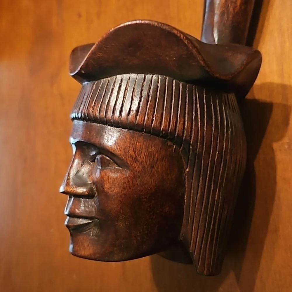 Vintage Tribal Carved Man Face Wood Dipper Pot Candle Wall Sconce